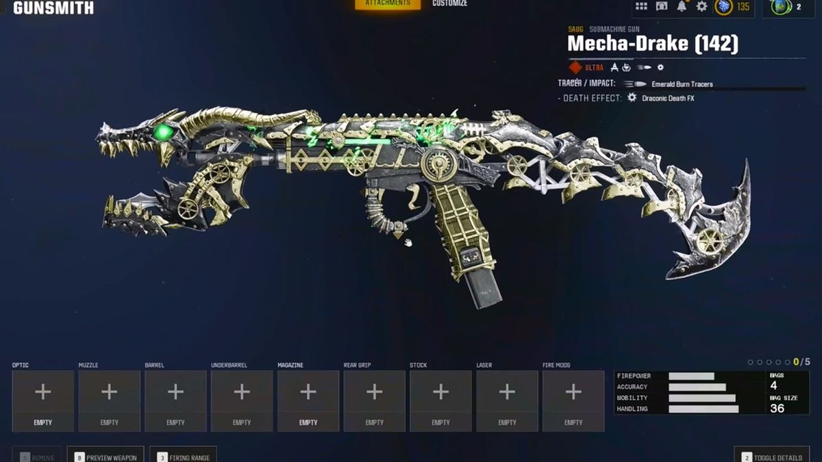 武器皮肤特写，枪身缠绕着发光龙纹，射击时喷出绿色火焰