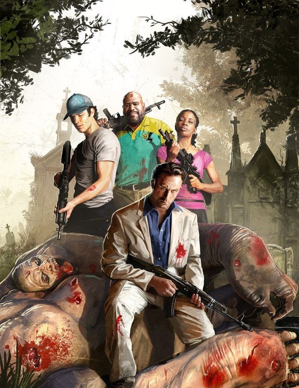 《求生之路2》15周年纪念画面，四位经典幸存者背对背站立，周围是昏暗的末日街道与逼近的僵尸群