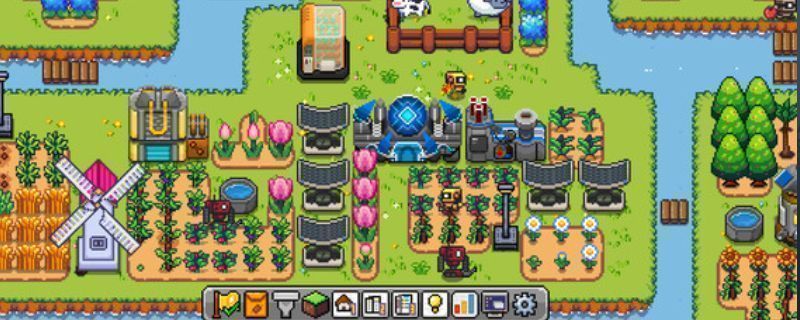 《海岛机器人农场》游戏主界面展示，画面呈现海岛上的机器人正在耕作，背景为蓝天白云与椰子树，整体风格清新治愈