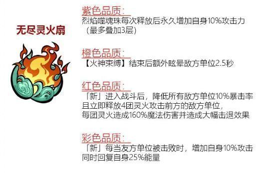 无尽灵火扇法宝立绘，扇面燃烧着不灭的赤红火焰，周围环绕着灵火粒子特效