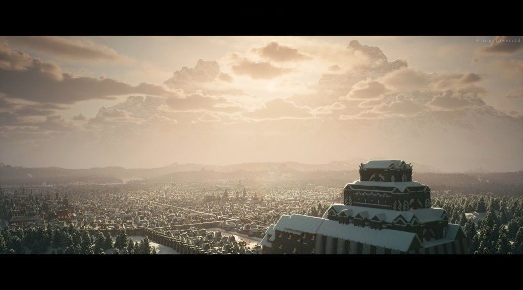 虚幻引擎5.4中重建的风舵城全景，雪景覆盖的北欧风格城市，建筑细节丰富，光影逼真