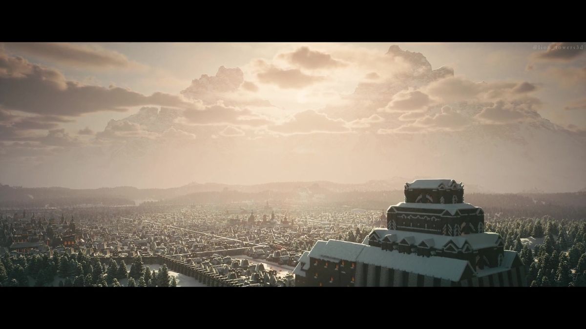 城市高处俯瞰视角，屋顶错落有致，烟雾从烟囱升起，天空光影柔和