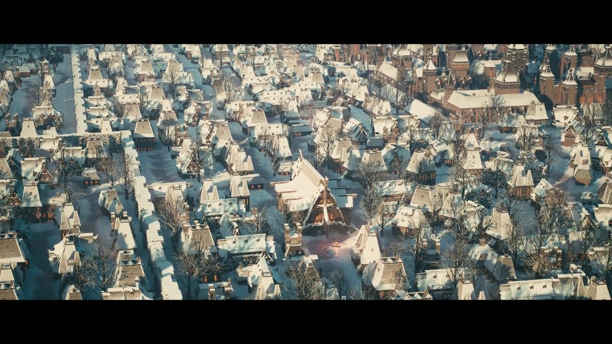 夜间灯光效果展示，街道灯火通明，窗户透出暖光，雪地映出倒影