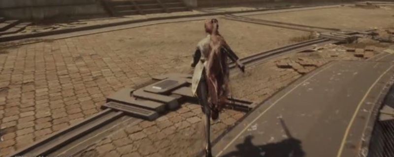 《剑星》游戏中主角站在荒原地带，背景为破败城市与悬浮机械装置，展示阿尔特斯卢瓦区域的科幻废土风格场景