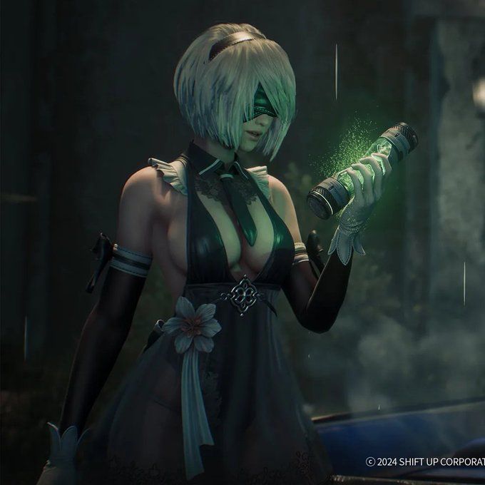 Eve穿戴2B风格服装的对比图，左侧为原版造型，右侧为联动服装，细节高度还原