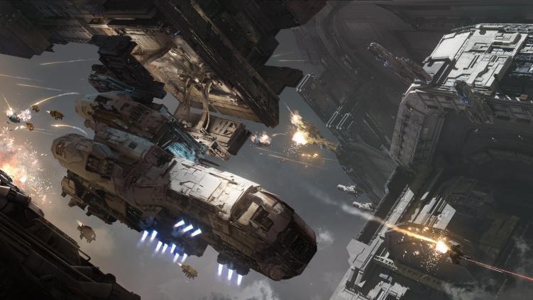 多艘战舰围绕一座空间站展开作业，部分舰船吸附其上，外围火力网严密布防