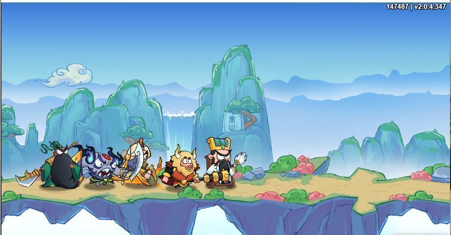 五人阵容站位图，牛魔王与刑天位于前排中央，后羿居后方远程射击，诸葛亮与关羽分列两侧支援