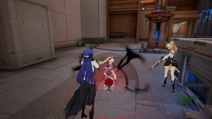 《Strinova》游戏画面展示，角色在动漫风格场景中进行高速射击战斗，背景呈现2D与3D视角切换效果