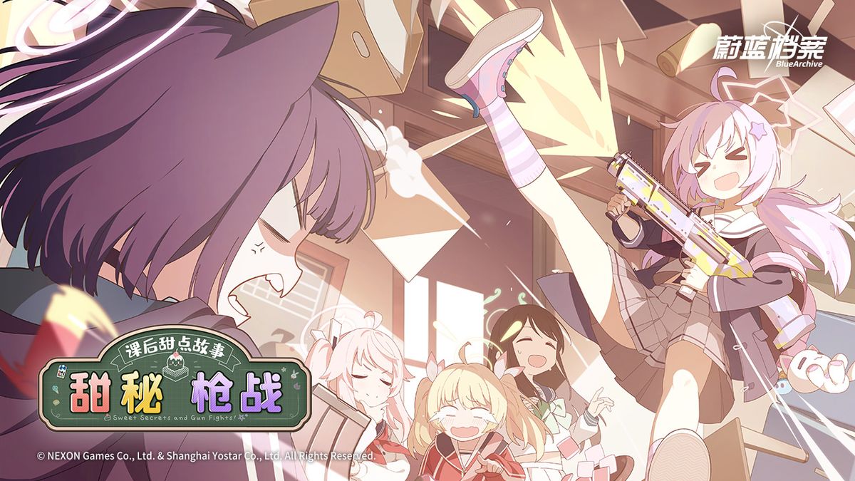 多位角色在甜点店内互动的温馨画面，桌上摆满精致蛋糕，气氛轻松愉快