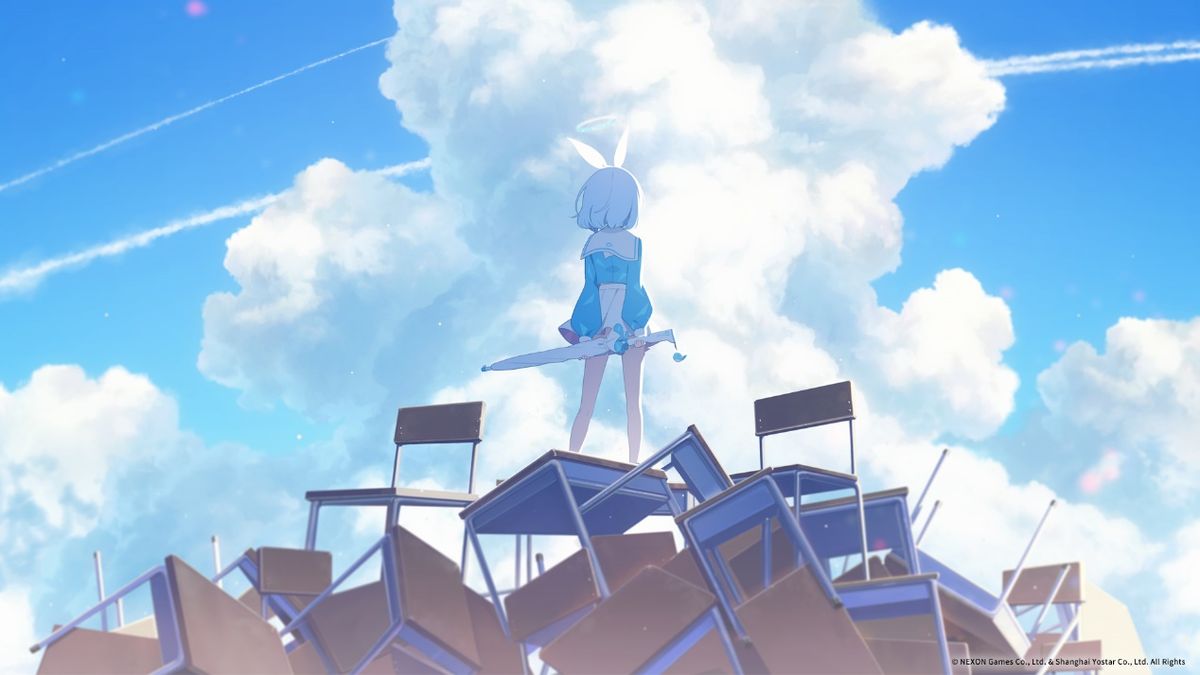 游戏主视觉图：多位泳装角色齐聚沙滩，背景为夕阳下的海之家摊位，整体氛围欢快治愈