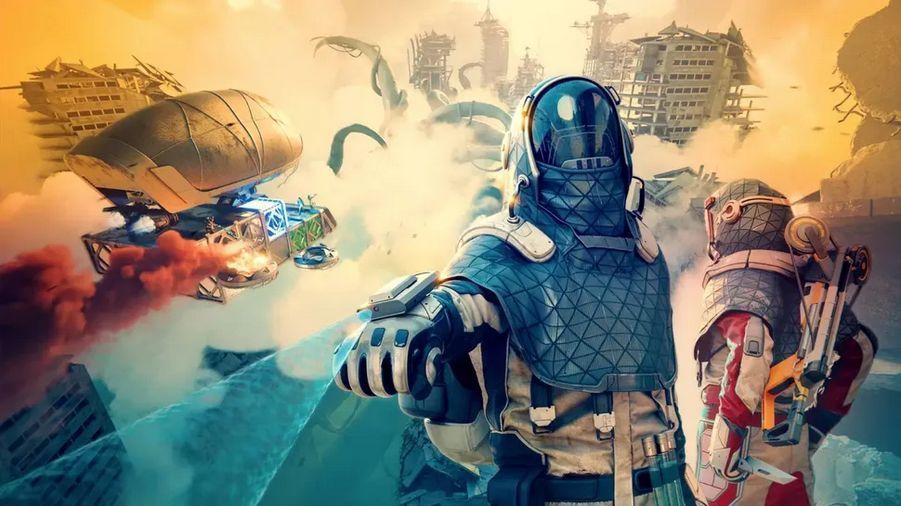 《永恒天空》PS5试玩Demo宣传图，展示主角在废墟城市上空驾驶飞行装置的场景，背景为灰黄色天空与残破建筑