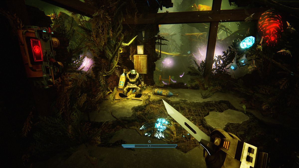 玩家在地下实验室中探索，墙壁布满裂缝，灯光闪烁，充满紧张感