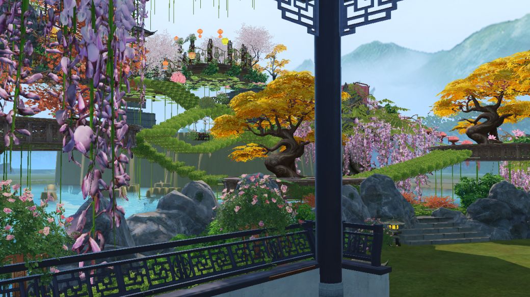 《天下》手游中玩家设计的空中浮岛家园全景，多个绿植覆盖的小岛悬浮于湖面之上，云雾缭绕，宛如仙境