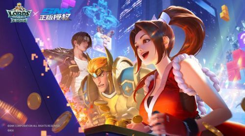 不知火舞与草薙京并肩站立于王国战场之上，火焰特效环绕，背景为中世纪城堡与战旗飘扬