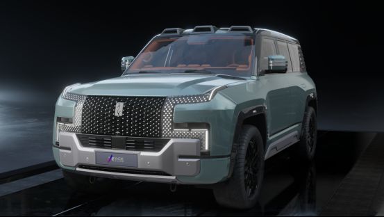 仰望U8前脸特写，展示其灵感来自司母戊鼎的格栅设计与星际大灯细节