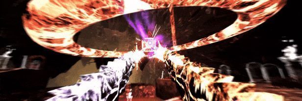 游戏中玩家角色在狭窄走廊中与大量恶魔交战，四周布满符文墙壁与熔岩裂缝