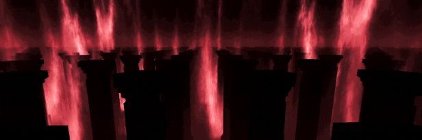 Boss战场景，巨大半神敌人悬浮空中释放红色能量波，玩家在地面高速移动进行闪避