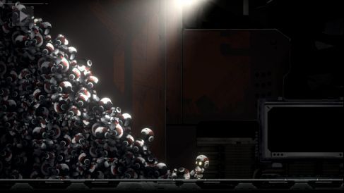 ‘默’站在高台俯视巨大地下城市，残破的飞行器悬浮空中，红色警报光芒笼罩整个空间