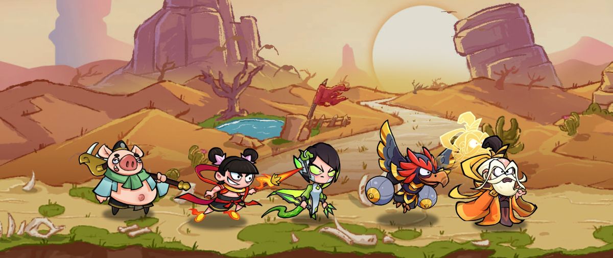 《非凡仙途》开荒阵容展示图，哪吒与八戒位于前排，雷震子、青蛇和元始天尊站后排，角色形象鲜明，技能特效绚丽