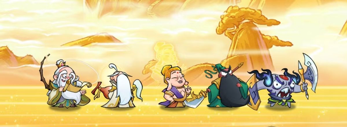 关羽横刀立马，如来盘坐莲台释放金光，刑天怒吼冲锋，团队气势磅礴