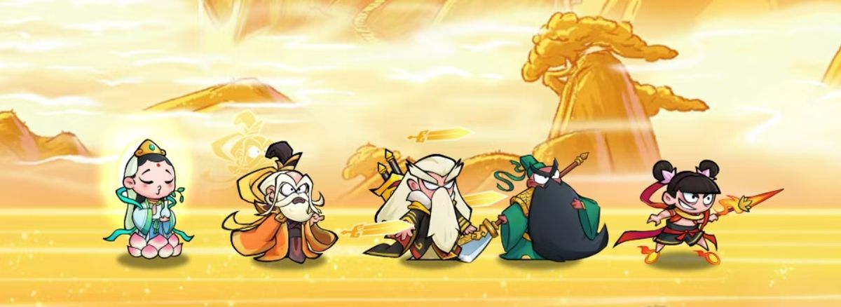 哪吒脚踏风火轮腾空而起，关羽持刀蓄势，三位高阶仙人结阵支援