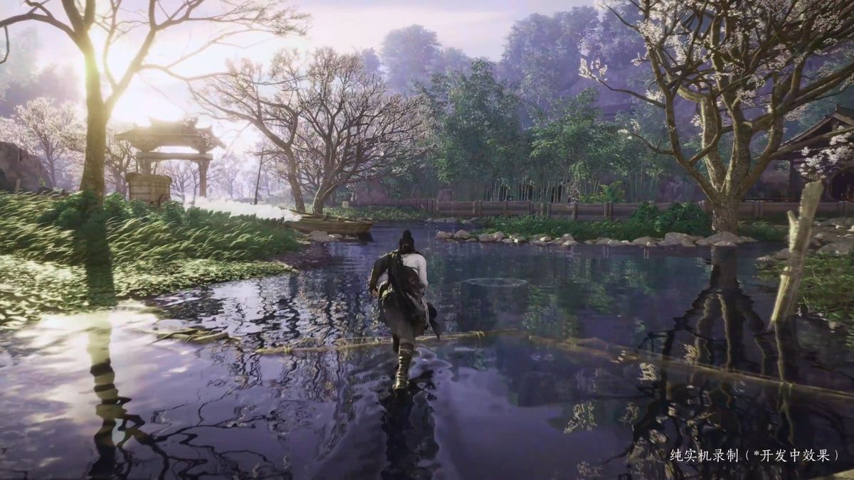 角色在河边垂钓，水面倒映着晚霞，画面宁静而唯美