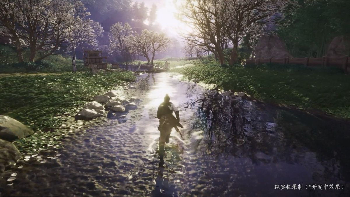 夜晚庭院场景，灯笼点亮，角色静坐品茶，氛围温馨