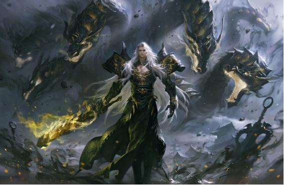 李密五星将星‘行者无归’战斗姿态，火焰环绕全身，眼神凌厉，背景为崩塌的城墙