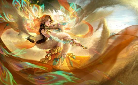 荆十三娘五星将星‘笑傲江湖’在沙漠中舞动双刃，轻纱飘扬，月光洒落