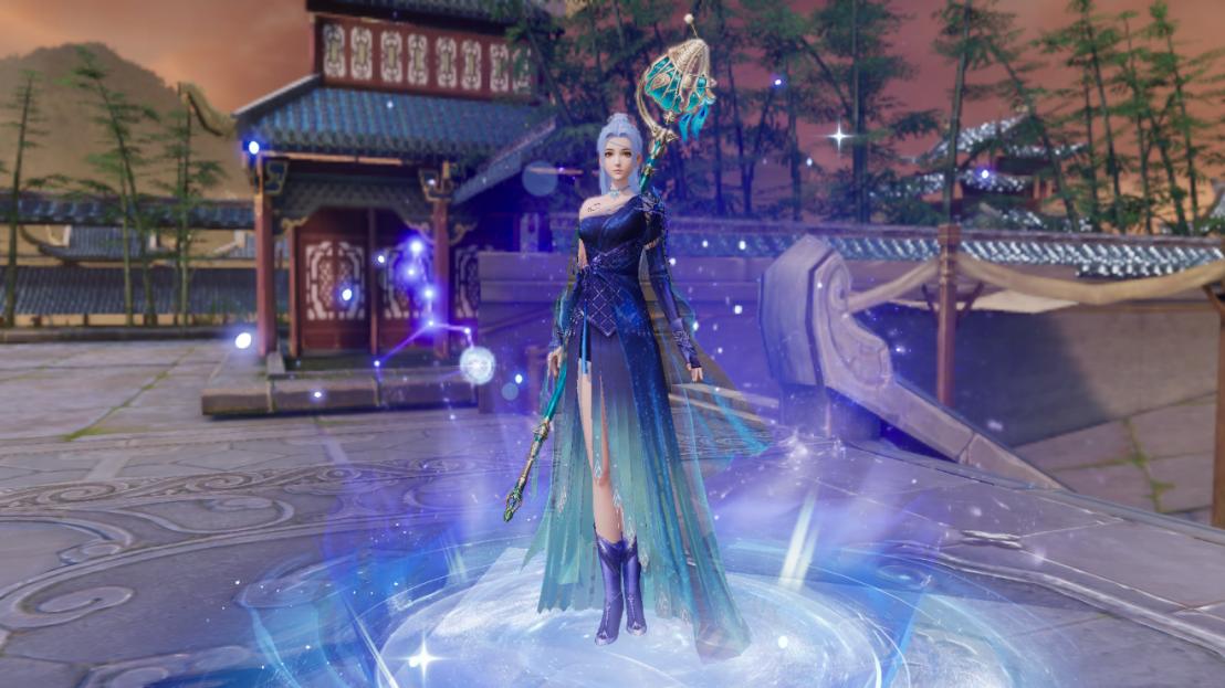 ‘星河·沉醉’时装角色立绘，身穿星空长裙，背景为银河与流星