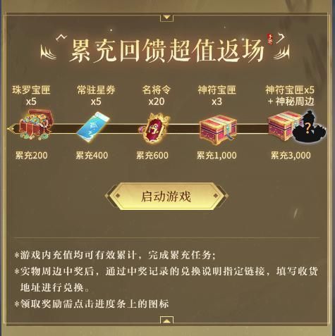 累充奖励界面，显示不同档位的奖励内容，最高档包含神符宝匣与神秘周边图标