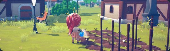 玩家在花园中种植蔬菜，土地整齐划分，植物生机勃勃