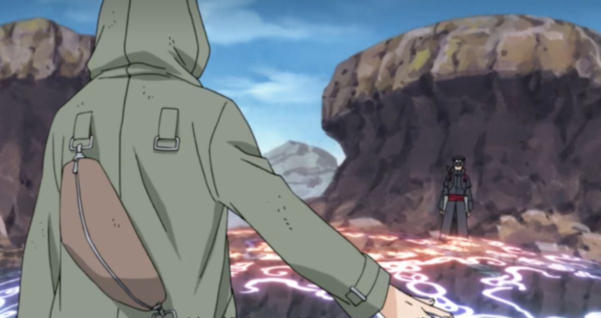 油女取根与油女志乃在战场上对峙，两人神情复杂，背景为忍界大战战场