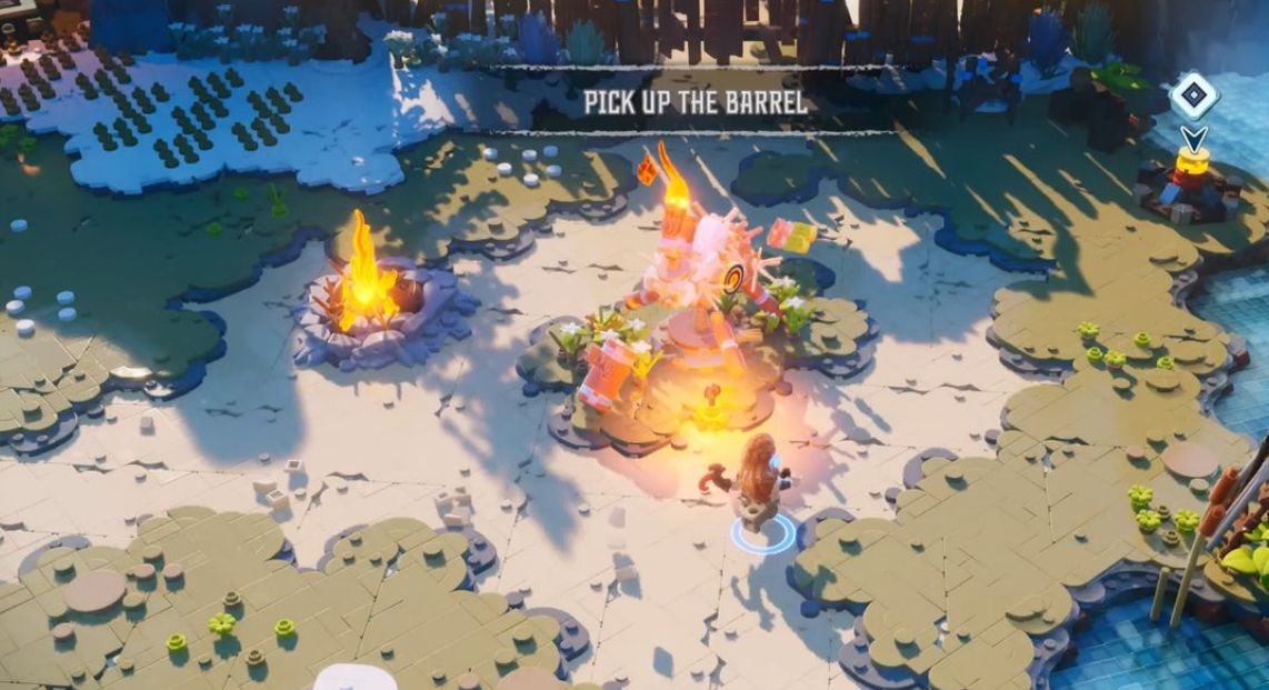 玩家操控乐高埃洛伊穿越森林关卡，背景可见大型机械象缓缓行走，环境布满可互动机关