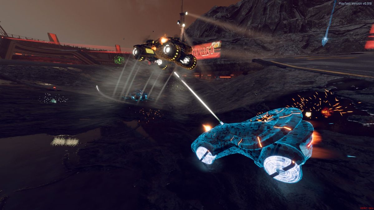 玩家视角驾驶画面，前方为星空赛道，HUD界面显示速度与武器状态