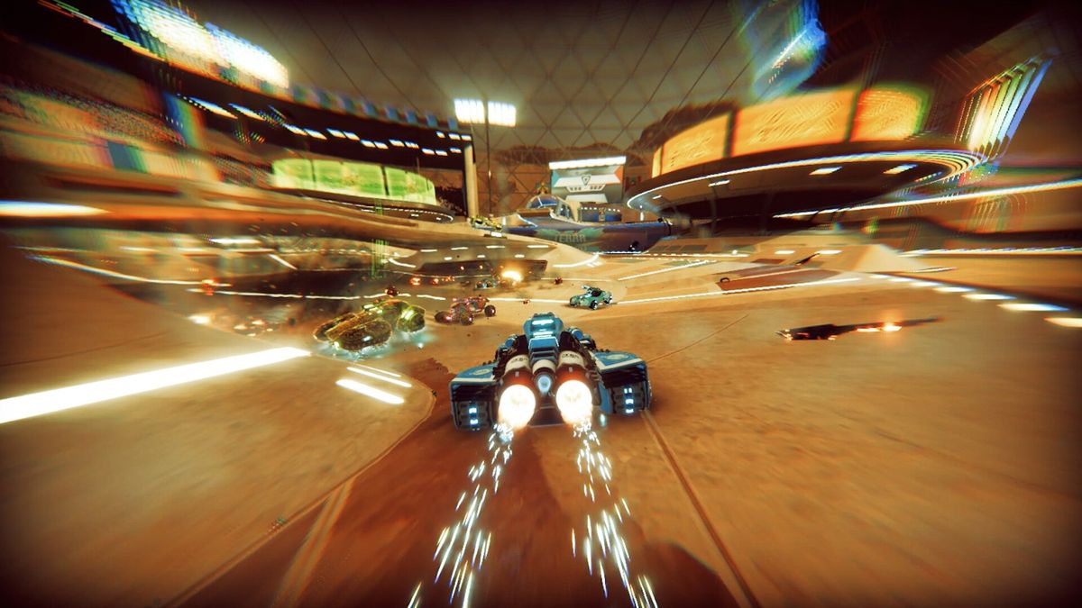 载具在陡峭峡谷间飞跃，身后留下蓝色推进尾焰