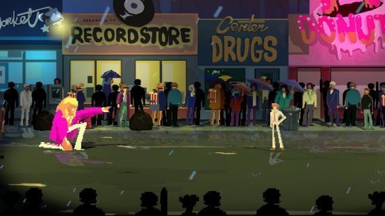 游戏战斗场景截图，主角在空中施展连招踢击机械敌人，周围火花四溅，背景为破碎的城市空间