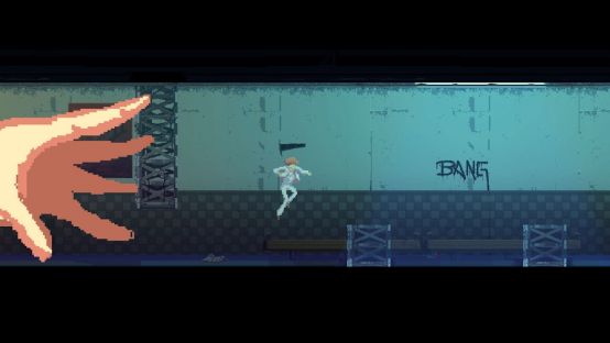 主角在倒置的城市中奔跑，重力方向异常，建筑碎片悬浮空中，光影迷幻