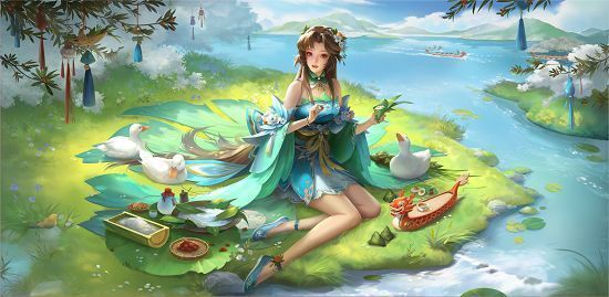 蔡瑁角色原画，身穿重甲立于战船之上，身后是千帆竞发的江面，气势磅礴