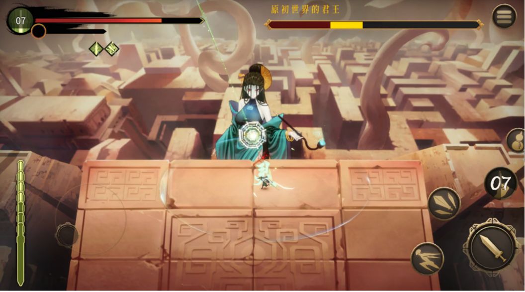 Boss战场景截图，巨大的何罗神悬浮空中，周身环绕血色符文，场面震撼