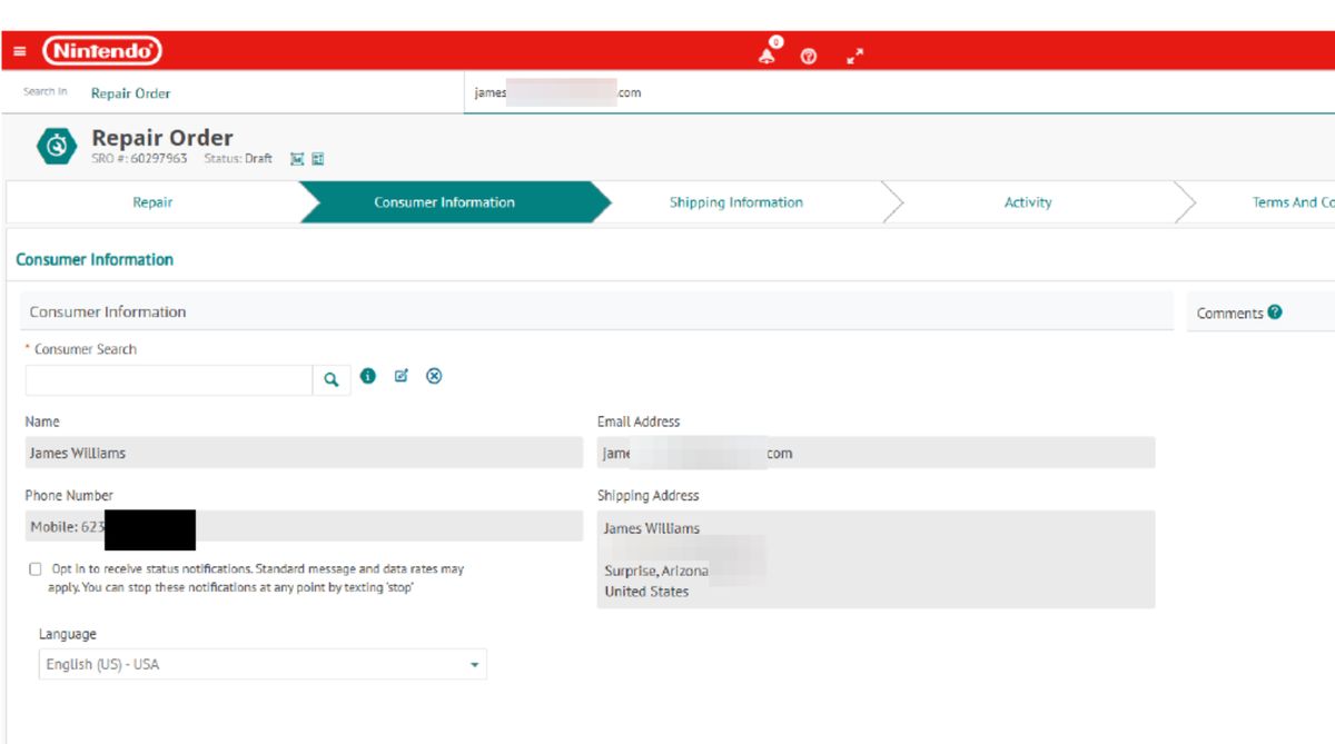 任天堂维修系统界面示意图，展示用户订单信息与地址匹配过程