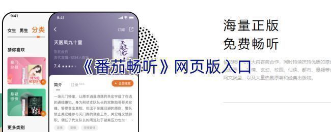 番茄畅听网页版主界面展示，页面清晰呈现小说、音乐、广播等分类入口，整体风格简洁现代