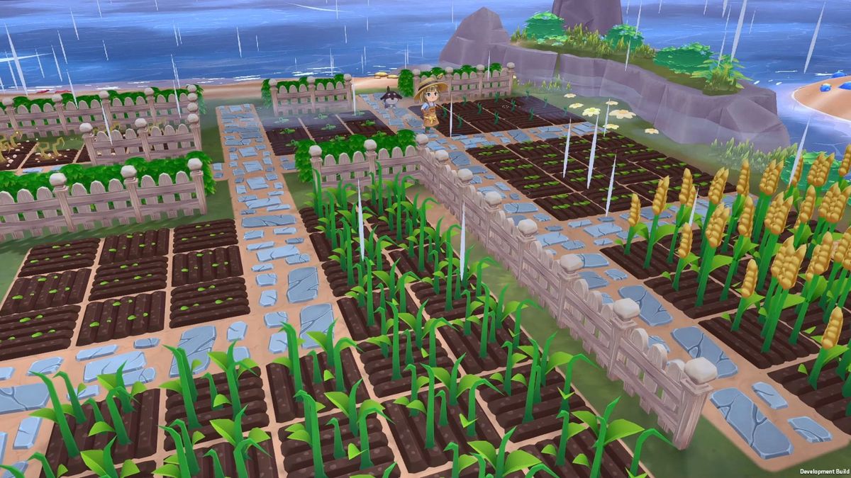 冬季雪景中的农场，屋顶覆盖白雪，玩家正在清扫门前积雪