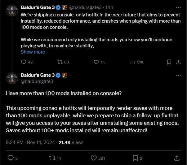 拉瑞安工作室官方推文截图，提醒玩家控制主机端MOD数量