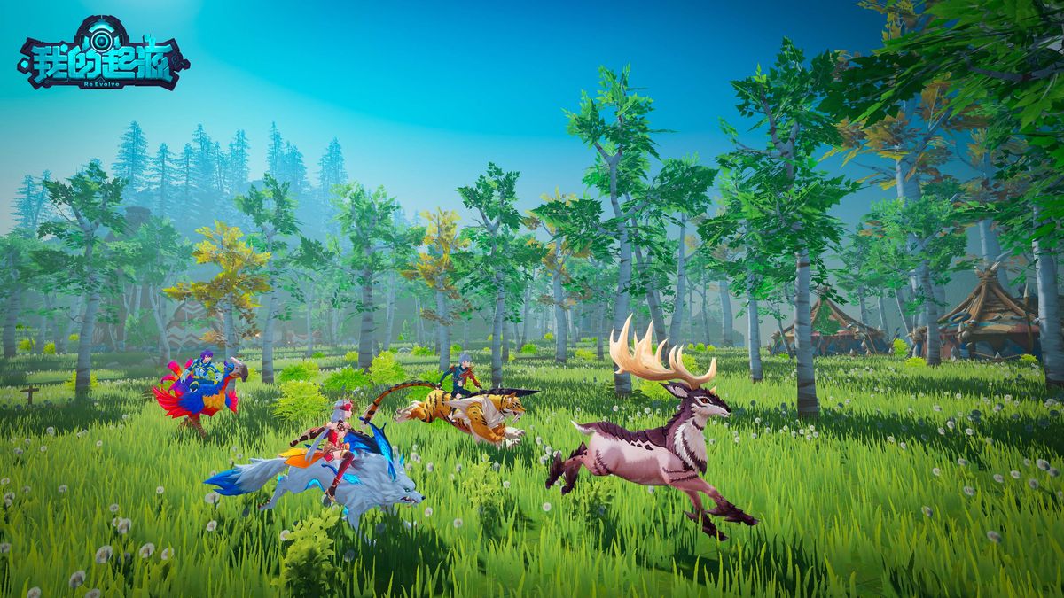 《我的起源》端午节主视觉图，起源星球上空飘浮着龙形纸鸢，地面玩家聚集在河边准备参加龙舟比赛，节日氛围浓厚