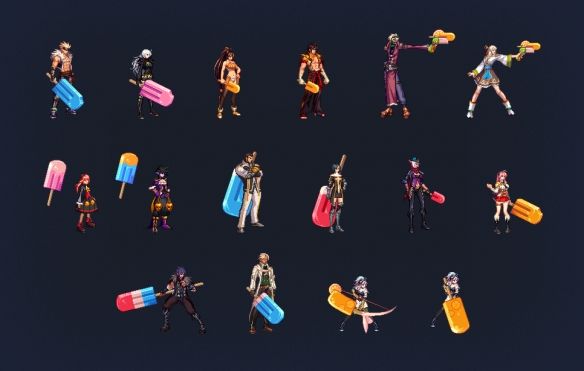 《地下城与勇士：起源》全职业冰棒武器装扮合集图，展示各职业手持冰棒武器的立绘形象