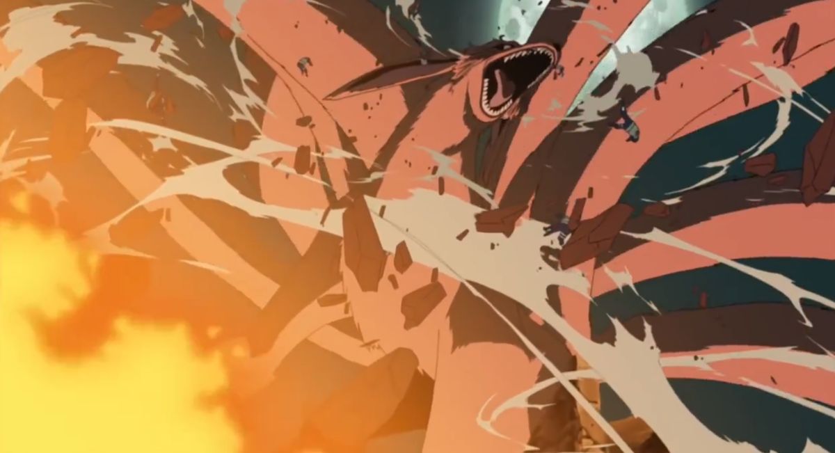 多名玩家忍者角色围攻九尾的战斗场景，技能特效绚丽，场面宏大