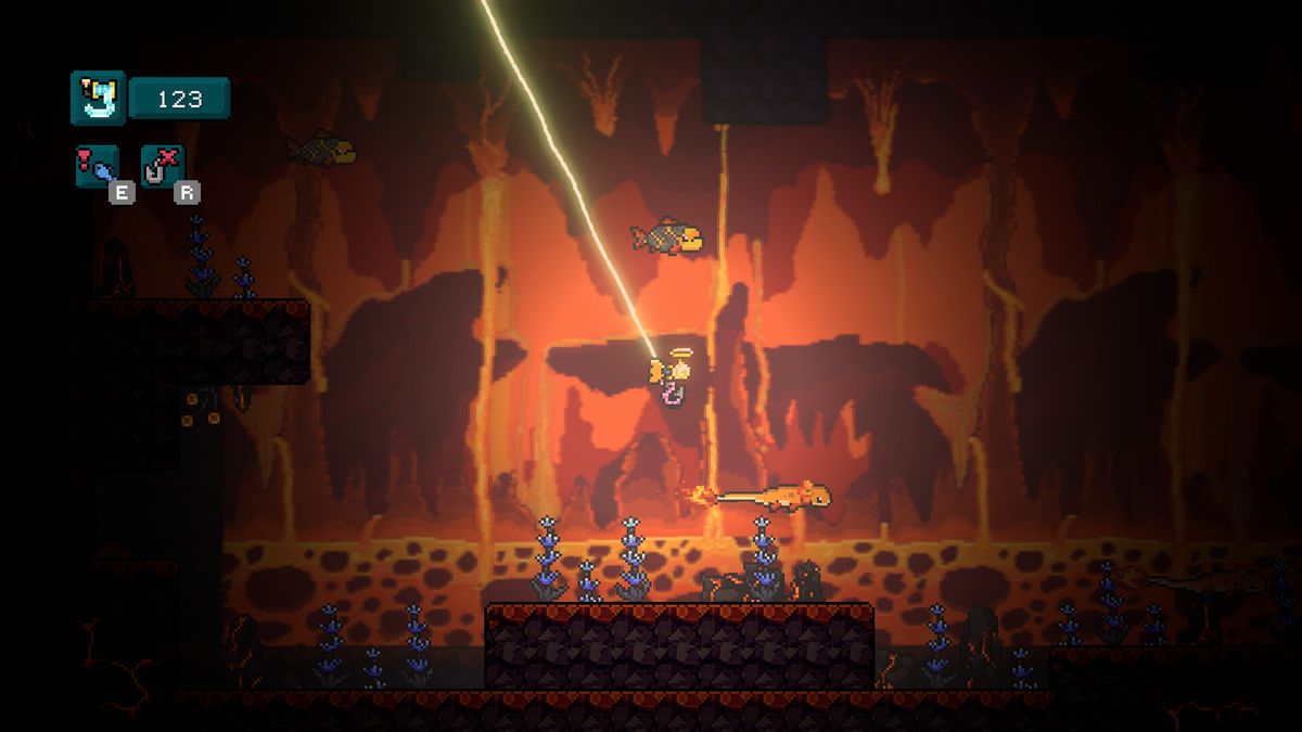 主角在水下操控鱼钩前进，周围是发光的珊瑚与游动的小鱼，前方有一扇被岩石封住的洞穴门