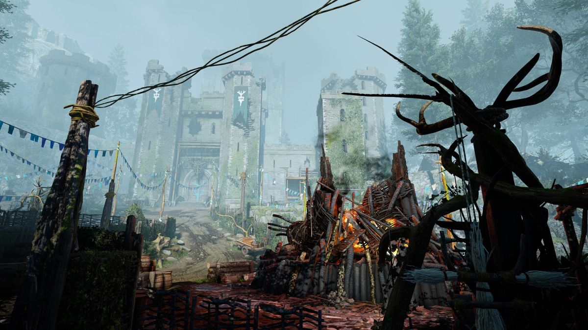 检查站废墟，铁丝网与警示牌林立，雪地中有战斗痕迹