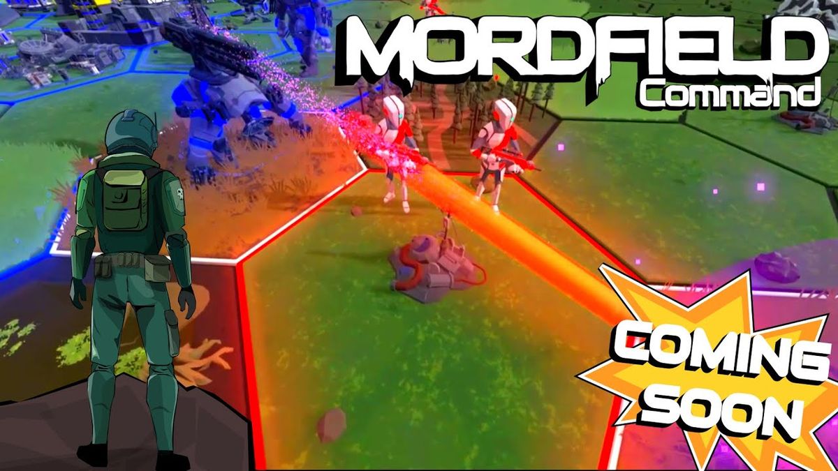 《莫德菲尔德指挥部》游戏主视觉图，展现未来战场上的机械军团与人类抵抗力量对峙的紧张场面